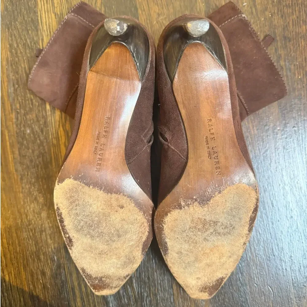 Ralph Lauren | Women's Brown Suede Ankle Boots Pointed Toe Kitten Heel Size 8